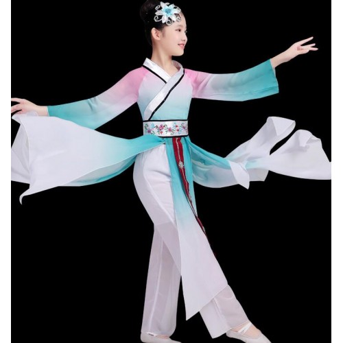 Girls chinese folk dance costumes kids fairy cosplay dress ancient traditional umbrella yangko dance costumes